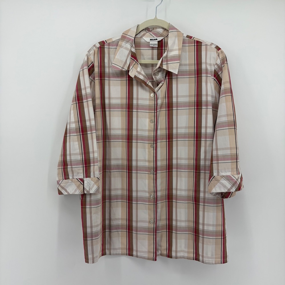 Alia Womens 18 Beige Plaid Button Down 3/4 Sleeve Collared Cotton Blend Shirt